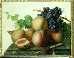 Still Life with Peaches and Grapes on Marble